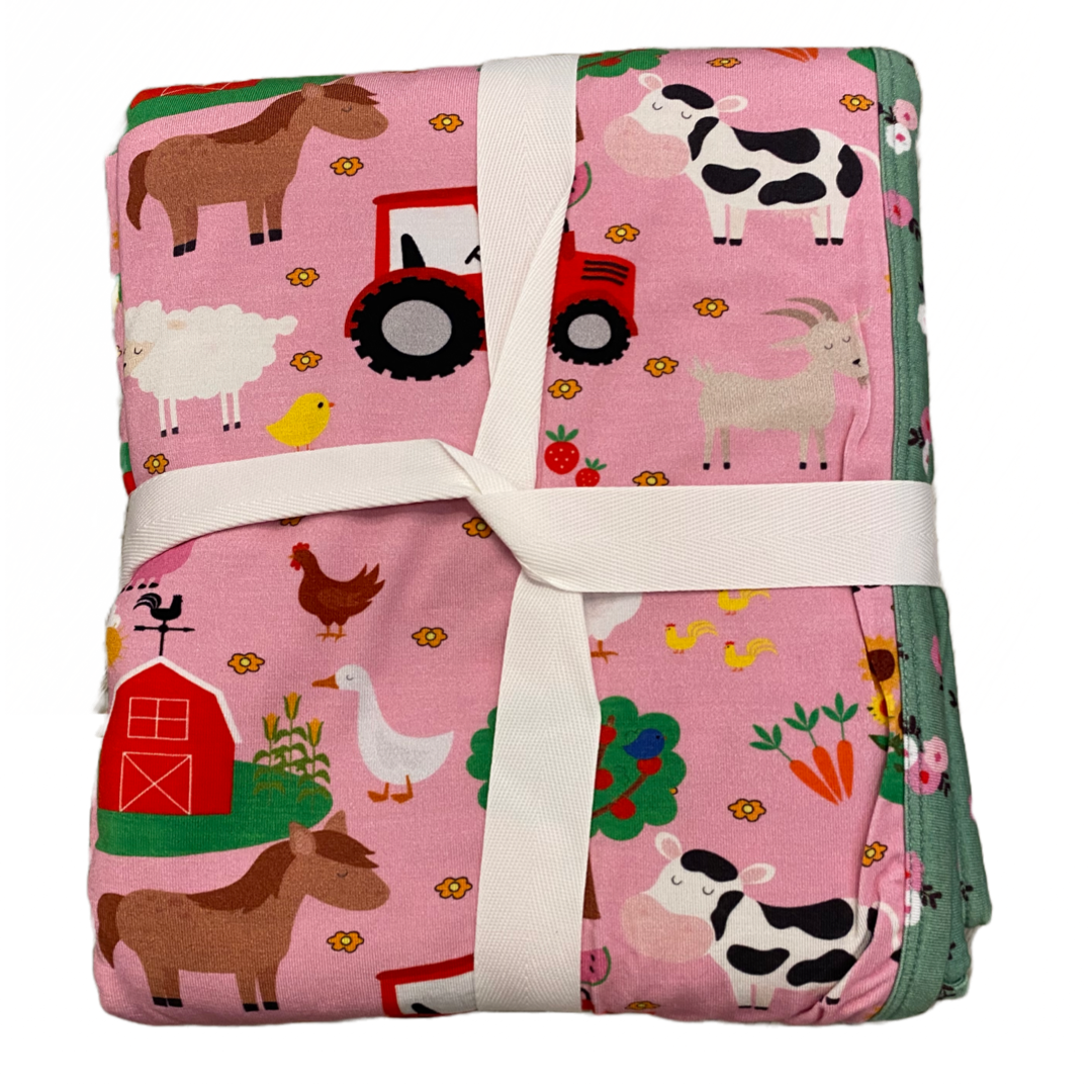E-I-E-I-O Pink Double Sided Premium Bamboo Farm Animal Print Blanket